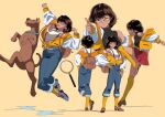  1girl animal_collar animification arm_up backpack bag baseball_cap breasts brown_hair collar dark-skinned_female dark_skin denim dog edoya_inuhachi english_commentary full_body glasses great_dane halterneck hand_on_own_hip hat highres jacket jeans jumping knee_up magnifying_glass midriff multiple_views off_shoulder one_eye_closed orange_thighhighs pants partially_unzipped scooby-doo scooby-doo_(character) shirt shoes short_hair simple_background skirt sleeveless sleeveless_shirt smile sneakers suspenders thighhighs thumbs_up velma_dace_dinkley 