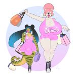  absurd_res addison_(d3rped) bag big_breasts blossom_(solarbear954) breasts clothing duo female footwear girly hi_res high_heels lillymoo lips male male/female simple_background size_difference thick_lips wide_hips 