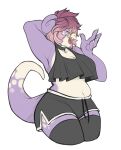  anthro bottomwear breasts choker clothing eyes_closed female generation_1_pokemon hand_behind_head hi_res hotpants jewelry legwear midriff mocha-wing necklace nintendo open_mouth pokemon pokemon_(species) purple_body shorts slightly_chubby slowpoke solo stockings topwear yawn 