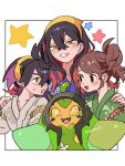  1boy 2girls :d ? black_hair blush brother_and_sister brown_eyes brown_hair carmine_(pokemon) colored_inner_hair crossed_bangs grin hair_between_eyes hairband hands_on_another&#039;s_shoulder highres juliana_(pokemon) kieran_(pokemon) makoto_139 mole mole_under_eye multicolored_hair multiple_girls ogerpon open_mouth pokemon pokemon_(game) pokemon_sv purple_hair red_hair siblings side_ponytail smile star_(symbol) teeth twitter_username two-tone_hair yellow_eyes yellow_hairband 