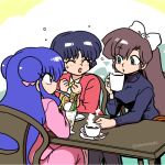  3girls blue_bow blue_hair bow brown_eyes closed_eyes coffee cookie food green_eyes kuonji_ukyou looking_at_another multiple_girls open_mouth parfait ranma_1/2 shampoo_(ranma_1/2) short_hair table tendou_akane wanta_(futoshi) 