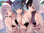  3girls absurdres azur_lane black_hair blush breasts bruenhilde_(azur_lane) character_request cleavage closed_mouth collarbone commentary_request company_connection company_name eyewear_on_head fingernails halterneck highres hori_(hori_no_su) horns large_breasts lips logo long_hair looking_at_viewer multiple_girls nail_polish navel official_alternate_costume official_art pointy_ears ponytail purple_eyes purple_hair red_eyes regensburg_(azur_lane) regensburg_(dark_dragon_brilliant_beach)_(azur_lane) short_hair simple_background smile sparkle stomach sunglasses sweat sweatdrop swimsuit thighs white_hair yellow_eyes yorck_(azur_lane) 