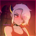  1girl absurdres bare_shoulders blush cigarette collar cross demon demon_girl demon_horns ear_piercing helltaker highres horns krystalpurr nose_piercing piercing red_eyes red_shirt shirt smoking sulking white_hair zdrada_(helltaker) 