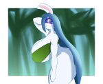  allegra_(mario_plus_rabbids) anthro big_breasts big_butt blue_eyes blue_hair bottomless breasts butt clothed clothing facial_markings female fur green_clothing green_topwear hair hair_over_eyes hand_behind_head head_markings hi_res huge_breasts huge_butt idaialo lagomorph leporid long_hair looking_at_viewer mammal mario_plus_rabbids_sparks_of_hope markings rabbid rabbit raving_rabbids rayman_(series) side_view smile solo thick_thighs topwear ubisoft white_body white_fur wide_hips 