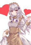  1girl absurdres apron bow braid breasts commentary_request cowboy_shot dress fire_emblem fire_emblem:_three_houses fire_emblem_heroes frills grey_apron grin hair_bow heart highres juliet_sleeves long_hair long_sleeves looking_at_viewer lysithea_von_ordelia maid maid_headdress necktie official_alternate_costume puffy_sleeves purple_bow purple_necktie red_eyes small_breasts smile solo standing tapume twin_braids very_long_hair white_dress white_hair 