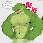  abs anthro artist_name countershade_scales countershade_torso countershading crocodile crocodilian crocodylid dialogue digital_media_(artwork) english_text fangs genitals green_body green_scales hand_on_hip hi_res looking_at_viewer male muscular muscular_anthro muscular_male neck_ridge nipples non-mammal_nipples non-mammal_pussy partially_submerged pecs pussy reptile ruffusbleu scales scalie sharp_teeth simple_background solo speech_bubble talking_to_viewer teeth text 