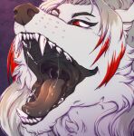  anthro black_eyebrows brown_nose brown_tongue canid eyebrows fur grey_hair hair hi_res lionfloof mammal mouth_shot open_mouth red_eyes red_hair sharp_teeth solo teeth tongue uvula white_body white_fur white_hair 