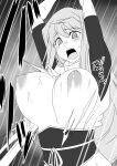  1girl :o arms_up assisted_exposure bodysuit bouncing_breasts breasts breasts_out empty_eyes greyscale highres hiiragi_akao jinki large_breasts long_hair lucky73dsmaxmax monochrome motion_lines nipples open_mouth restrained solo surprised sweat torn_clothes upper_body wide-eyed 