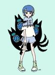  1girl aqua_background blue_eyes blue_hair blue_shorts bone bright_pupils drawstring expressionless full_body garouma green_footwear hair_ornament hairclip highres holding holding_bone hood hood_down original shoes short_hair shorts simple_background solo standing white_pupils 