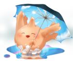  blush_stickers chappii closed_eyes cloud corsola creature holding holding_umbrella no_humans open_mouth pokemon pokemon_(creature) puddle rainbow reflection reflective_water ripples simple_background solo umbrella white_background 
