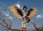  1girl alternate_wing_color black_hair black_skirt blue_sky branch camera cloud feathered_wings frilled_skirt frills geta hair_ornament hat holding holding_camera pom_pom_(clothes) pom_pom_hair_ornament puffy_short_sleeves puffy_sleeves red_eyes red_footwear red_headwear satellitedragon shameimaru_aya short_hair short_sleeves skirt sky solo spread_wings standing_on_branch sun tengu-geta tokin_hat touhou white_skirt wings 