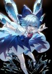  1girl blue_bow blue_eyes blue_hair bow cirno fairy full_body hair_between_eyes hair_bow highres ice ice_wings open_mouth short_hair smile solo touhou u_u_zan wings 
