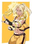  1girl abs absurdres antares_topaz blonde_hair breasts cleavage collar dragon highres midriff muscular muscular_female open_clothes open_mouth open_vest original pointing ponytail sleeveless solo toned vest yellow_background yellow_eyes 