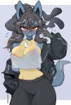  &lt;3 absurd_res anthro areola biped black_bottomwear black_clothing black_hair black_jacket black_pants black_topwear blue_body blue_fur blush bottomwear breasts chest_spike cleavage clothed clothing female fingers front_view fur generation_4_pokemon hair hi_res jacket looking_at_viewer lucario navel nintendo pants pokemon pokemon_(species) red_eyes shirt smile solo spikes spikes_(anatomy) tail tan_body tan_fur topwear white_clothing white_shirt white_topwear yoru_vida 