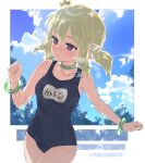 1girl :o armpit_crease blonde_hair blue_one-piece_swimsuit blue_sky blush bow bracelet breasts chiyomarupon_(y1pfq8tm92wcq5m) choker cloud cloudy_sky collarbone covered_navel crown day green_bracelet green_choker hair_bow highres jewelry kafuru_(senran_kagura) low_twintails mini_crown old_school_swimsuit one-piece_swimsuit open_mouth outdoors plant purple_eyes school_swimsuit senran_kagura senran_kagura_estival_versus shiny_skin sky small_breasts solo standing swimsuit translation_request tree twintails wet wet_clothes wet_swimsuit whistle whistle_around_neck white_bow 
