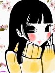  1girl black_eyes black_hair blunt_bangs blush cherry_blossoms floral_background hand_on_own_cheek hand_on_own_face highres koronporo lipstick looking_at_viewer makeup medium_hair no_nose original red_lips signature sketch solo sweater yellow_sweater 