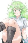  1girl absurdres boku_no_hero_academia collared_shirt commentary_request fengling_(furin-jp) green_eyes green_hair green_skirt hagakure_tooru highres knees_up looking_at_viewer medium_hair messy_hair open_mouth shirt simple_background sitting skirt solo thick_eyelashes unusually_visible white_background white_shirt 