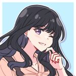  1girl akamirai black_hair earrings grin hand_on_own_chin inoue_takina jewelry long_hair looking_at_viewer lycoris_recoil one_eye_closed portrait purple_eyes single_earring smile 