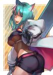  1girl animal_ear_fluff animal_ears aqua_hair ass blunt_bangs breasts cat_ears commission greatsword hinoru_saikusa holding holding_sword holding_weapon hood hood_down hooded_jacket jacket large_breasts leotard mechanical_arms open_clothes open_jacket open_mouth original red_eyes see-through see-through_leotard shorts single_mechanical_arm skeb_commission sword underboob weapon 