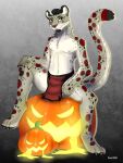  3:4 absurd_res anthro bottomwear clothing felid food fruit halloween hi_res holidays loincloth loincloth_only male mammal pantherine plant posing_for_picture pumpkin snow_leopard solo tyrartist umbrose 