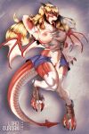  absurd_res anthro blonde_hair bottomwear clothing dragon female hair hi_res horn human lordburqan mammal mid_transformation red_body red_scales scales scalie shokuhou_misaki skirt solo spade_tail species_transformation tail tongue tongue_out torn_clothing transformation wings 