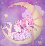  1girl aikatsu! aikatsu!_(series) amahane_madoka bare_legs cloud commentary crescent_moon gradient_eyes highres holding holding_stuffed_toy long_sleeves looking_at_viewer lying moon multicolored_eyes on_stomach pajamas parted_bangs pink_hair purple_background purple_eyes purple_pajamas scrunchie slippers solo star_(symbol) stuffed_animal stuffed_rabbit stuffed_toy toon_(noin) twintails wings 