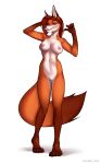  anthro blue_eyes breasts canid canine fantum_fox female fox fur genitals hair mammal nipples nude simple_background smile solo tail 