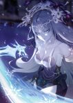  1girl absurdres bare_shoulders blue_eyes breasts cailleach_(mabinogi) cleavage closed_mouth colored_eyelashes dress eyelashes gem grey_hair hair_intakes highres holding holding_sword holding_weapon long_hair looking_at_viewer mabinogi medium_breasts pearl_(gemstone) pelvic_curtain purple_dress snowflakes solo sombie strapless strapless_dress sword tsurime very_long_hair weapon 