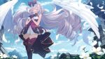  1girl beretta_crossrain blue_sky bow braid closed_eyes cloud day dress drill_hair falling_feathers feathered_wings feathers flower gloves hair_bow highres indie_virtual_youtuber long_hair open_mouth praying purple_gloves short_dress sky thighhighs twintails white_flower white_hair white_wings wings 