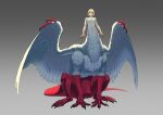  1girl absurdres arms_at_sides blonde_hair body_fur breasts chimera dragon_girl dungeon_meshi falin_thorden feathered_wings full_body gradient_background grey_background highres jiachong044 looking_at_viewer monster_girl navel short_hair solo spoilers underboob wings 