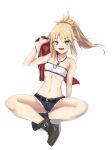  1girl :d bandeau bare_arms bare_legs bare_shoulders black_footwear blonde_hair boots commentary_request cutoffs denim denim_shorts fate/apocrypha fate_(series) green_eyes hand_up highres holding indian_style jewelry long_hair looking_at_viewer micro_shorts midriff mordred_(fate) mordred_(fate/apocrypha) navel open_mouth pendant ponytail shadow shorts simple_background sitting smile solo stomach strapless thighs tube_top white_background xing_yujun 