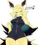  anthro big_breasts black_bottomwear black_clothing black_shorts blonde_hair bottomwear breasts clothing eeveelution fang_out fangs female generation_1_pokemon green_eyes hair hi_res jolteon looking_at_viewer mouth_closed nintendo pokemon pokemon_(species) shorts sleeveless_shirt smile solo teeth togetoge 