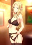  1girl black_bra black_garter_belt black_garter_straps black_panties blonde_hair blue_eyes blurry blurry_background bra earrings elf garter_belt garter_straps indoors jewelry kuurunaitsu long_hair necklace original panties pointy_ears solo underwear underwear_only wristband 