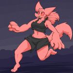 abs anthro athletic big_hands bottomwear breasts canid canine clothing eyelashes female floating fluffy fluffy_tail fox fur hair haydi_(lagotrope) lagotrope long_hair mammal midriff outside portrait shirt shorts snaggle_tooth solo star tail tank_top topwear 