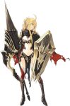  1girl ahoge armor arseille_(iron_saga) artist_request blonde_hair boots breasts cape cleavage full_body green_eyes holding holding_weapon iron_saga official_art polearm shield spear torn_cape torn_clothes weapon 