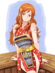  1girl arm_support armor bare_shoulders closed_mouth commentary cowboy_shot english_commentary floral_print hair_ornament highres japanese_armor japanese_clothes jedbanner kimono light_blush lips long_hair looking_at_viewer nami_(one_piece) official_alternate_costume one_piece orange_eyes orange_hair print_kimono red_kimono red_nails short_kimono shoulder_tattoo sidelocks signature smile solo tattoo wavy_hair 