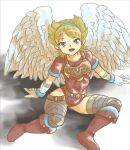  1girl angel_wings armlet armor blonde_hair blue_eyes boots breath_of_fire breath_of_fire_i feathered_wings full_body hairband knee_boots leotard looking_at_viewer nina_(breath_of_fire_i) open_mouth red_leotard short_hair sicky_(pit-bull) smile solo thighhighs white_wings wings 