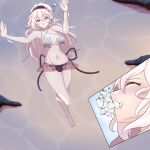  1girl asphyxiation biru_saeika breasts bubble copyright_request corrin_(female)_(fire_emblem) corrin_(fire_emblem) drowning highres holding_breath long_hair multiple_views navel peril shell shell_bikini swimming underwater white_hair 