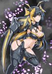  1girl absurdres arm_blade black_bra black_hair blonde_hair bra breasts cleavage clothing_cutout duel_monster fake_antennae falling_petals foot_out_of_frame gauntlets highres long_hair medium_breasts midriff mitsu_the_insect_ninja mole mole_under_mouth multicolored_hair navel needle petals revealing_clothes sangyou_haikibutsu_a solo thigh_cutout thong underwear very_long_hair weapon yellow_eyes yu-gi-oh! 