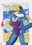  4_fingers anthro anthrofied ball beach beach_ball big_breasts blue_body blue_skin blue_sky border breasts camel_toe cleavage clitoris_outline clothed clothed_anthro clothing cloud dabid dated facial_hair fangs female fingers front_view generation_5_pokemon gesture hair hi_res holding_beach_ball horn inflatable nintendo one-piece_swimsuit open_mouth orange_eyes orange_nose outline pink_tongue pokemon pokemon_(species) portrait pupils purple_clothing purple_one-piece_swimsuit purple_swimwear samurott sea seaside shell signature sky slit_pupils solo swimwear tail tan_shell teeth three-quarter_portrait tongue translucent_beach_ball water waving wet wet_swimwear white_border white_hair white_outline 