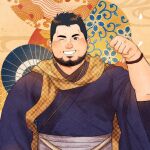  1boy bara beard black_hair clenched_hand daisukebear facial_hair grin hand_up happy_new_year highres japanese_clothes kimono large_pectorals male_focus mature_male midriff_sarashi muscular muscular_male one_eye_closed original pectorals sarashi scarf smile solo straight-on upper_body yellow_scarf 