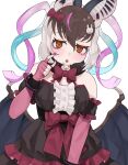  1girl animal_ears bat_ears bat_girl bat_wings brown_eyes brown_hair brown_long-eared_bat_(kemono_friends) dress elbow_gloves extra_ears fingerless_gloves gloves grey_hair highres kedama_(ughugjydthjdf) kemono_friends kemono_friends_v_project long_hair looking_at_viewer microphone needy_girl_overdose open_mouth parody ribbon simple_background solo virtual_youtuber wings 