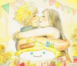  1boy 1girl bare_arms bare_shoulders birthday_cake black_hair black_vest blonde_hair blush cake chocobo closed_eyes cloud_strife commentary couple crop_top dated earrings final_fantasy final_fantasy_vii final_fantasy_vii_advent_children flower food from_side fruit happy_birthday hug indoors jewelry long_hair parted_lips popped_collar profile rakuct ribbed_shirt shirt short_hair single_earring smile spiked_hair strawberry sunflower tank_top tifa_lockhart traditional_media upper_body vest white_tank_top 