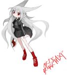  1girl animal_ears axe black_jacket black_shirt black_skirt blush borrowed_character closed_mouth commentary floating_hair full_body grey_hair head_back highres holding holding_axe jacket layered_sleeves long_hair long_sleeves looking_at_viewer original pointy_ears print_shirt red_eyes red_footwear red_socks reitoubeef shirt shoes short_over_long_sleeves short_sleeves skirt sneakers socks solo translated very_long_hair white_background 