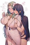  2girls bikini black_bikini black_cape blue_hair blush breast_grab breasts byleth_(female)_(fire_emblem) byleth_(female)_(summer)_(fire_emblem) byleth_(fire_emblem) cape cleavage covered_nipples fire_emblem fire_emblem:_three_houses fire_emblem_heroes flower grabbing green_hair hair_flower hair_ornament hand_under_clothes heart highres ikarin large_breasts multiple_girls official_alternate_costume rhea_(fire_emblem) rhea_(summer)_(fire_emblem) swimsuit white_bikini white_cape yuri 