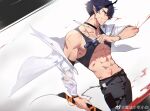  1boy abs arknights bara black_hair blood eloseu_(haribochase) flamebringer_(arknights) flamebringer_(casual_vacation)_(arknights) from_side large_pectorals looking_ahead male_focus muscular muscular_male navel official_alternate_costume orange_eyes pectorals pointy_ears short_hair smirk solo stomach sunglasses thick_eyebrows 