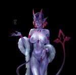  1girl black_background breasts chest_tattoo colored_nipples colored_sclera completely_nude dark_nipples demon_tail earrings eyeshadow facial_mark fandeltales feather_boa fingernails gift_art herzha_(derpixon) highres horns jewelry large_breasts long_fingernails long_tail looking_at_viewer magatama magatama_tattoo makeup multicolored_hair navel nipples nose nude oni_horns pink_hair pink_nails purple_eyeshadow purple_hair purple_lips purple_nipples purple_sclera pussy sharp_fingernails short_hair skin-covered_horns solo sureyouknowme tail tassel tassel_earrings tattoo two-tone_hair white_eyes 