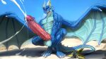  2_horns anthro blue_body blue_scales dragon dragoonair hi_res horn male muscular muscular_anthro muscular_male nipples scales scalie solo todex vein veiny_muscles western_dragon wingless_dragon wings 