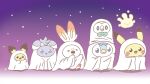  &gt;_&lt; :d blanket commentary_request espurr ghost_costume gradient_background halloween milcery no_humans official_art open_mouth pichu pikachu piplup pokemon pokemon_(creature) rowlet scorbunny smile standing tongue 