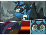  anthro bandage blue_body blue_fur blue_scales bodily_fluids fur garchomp generation_4_pokemon grafayay group hi_res lucario nintendo orange_eyes pokemon pokemon_(species) red_eyes riolu rock scales sharp_teeth tears teeth trio 